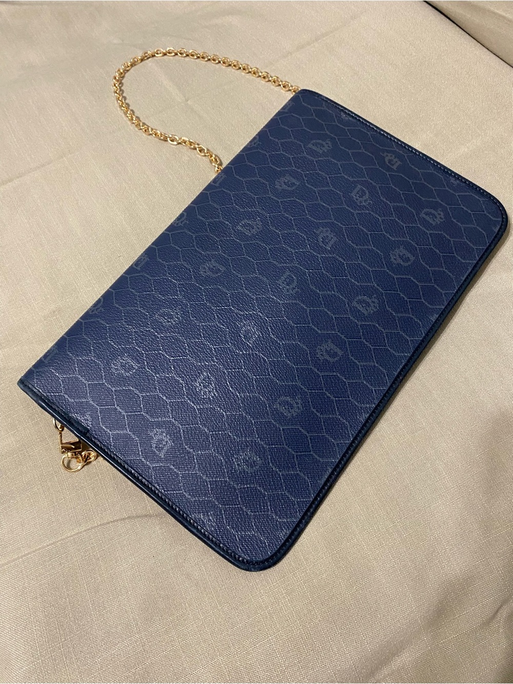 Vintage DIOR Oversized Clutch Bag Wallet Navy Honeycomb Chain Added - Picture 7 of 16